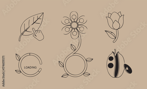 Hand drawn botanical elements and ladybug on kraft paper background