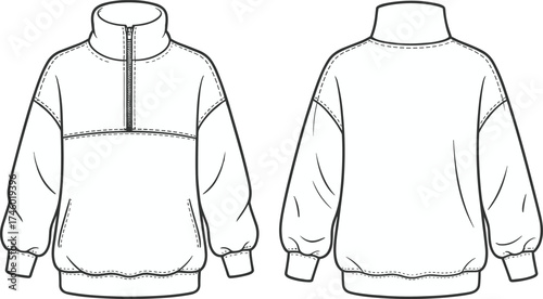 Half zip high neck pullover sweatshirt front and back view, oversized casual unisex fleece jumper fashion flat sketch design template.