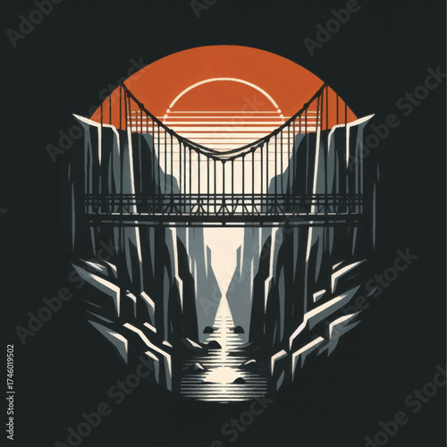 Suspension Bridge Over Canyon with Sunset Vector Illustration.