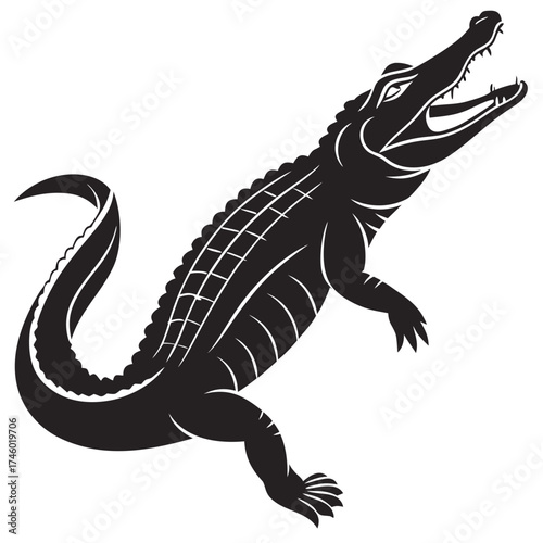 Stylized black silhouette of an alligator with open mouth