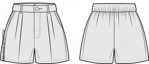 High waist women’s shorts vector template, front and back fashion flat sketch, elastic waistband, summer casual apparel, technical clothing design.