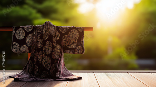 Kimono sleeve with dance patterns draped on a wooden veranda in golden sunset light.
