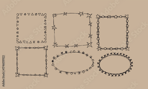 Collection of hand drawn decorative borders and frames on kraft paper background