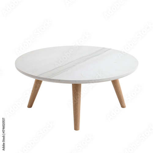 Modern round coffee table isolated on transparent background, showcasing a sleek white marble top and light wooden legs, perfect for contemporary living spaces