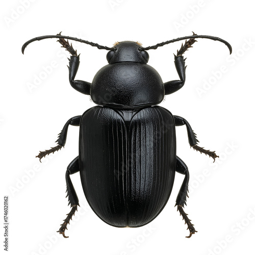Closeup of a black beetle isolated on transparent background, showcasing its intricate exoskeleton and segmented body, highlighting its unique features