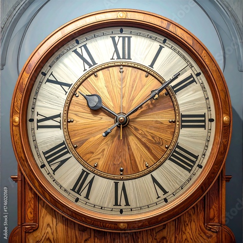 Large antique clock, ornate wooden frame, Roman numerals