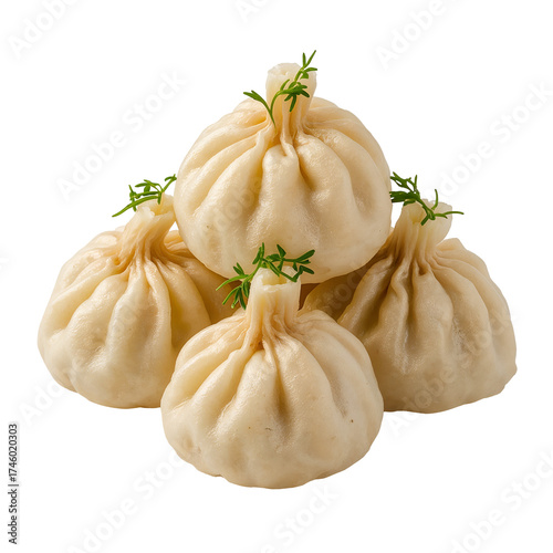Delicious khinkali dumplings isolated on transparent background, showcasing traditional georgian cuisine with savory fillings and intricate pleated dough