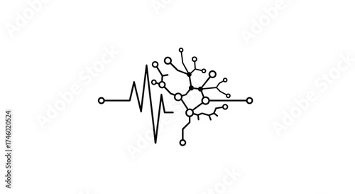 Minimalist Line Art of a Neuron and Heartbeat Signal.