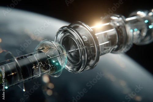 A futuristic space station orbiting Earth, featuring transparent components and glowing elements that create a sci-fi ambiance.