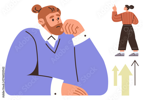 Man reflects with hand on chin, while a woman points upwards alongside arrows representing progress, growth, and decision-making. Ideal for self-reflection, leadership, strategy, goals, ambition