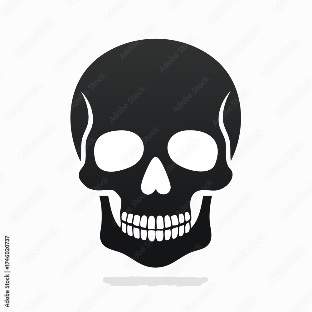 Fototapeta premium A stylized, black silhouette of a human skull with visible teeth, set against a clean white background.