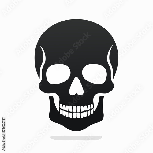 A stylized, black silhouette of a human skull with visible teeth, set against a clean white background.