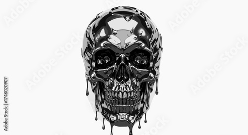 Shiny Black Skull Dripping Liquid Metal.