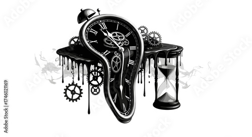 Surreal Time Melting Clock and Hourglass Illustration.