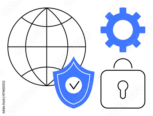 Globe, shield with check, gear, and lock emphasize security, data protection, technology, and global connectivity. Ideal for cybersecurity tech innovation privacy and online safety. Simple flat