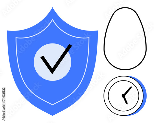 Blue shield with checkmark, minimal clock, and simplistic egg outline. Ideal for security, trust, protection, reliability, time management assurance or technological safety. Clean flat metaphor