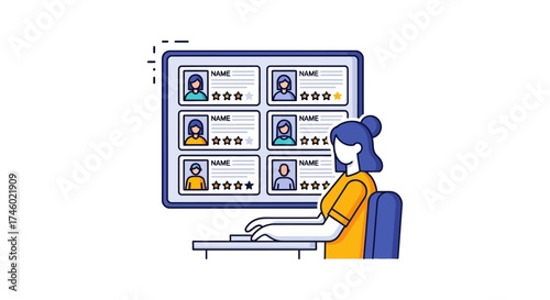 Woman reviews candidates online evaluating profiles on a digital interface assessing skills for hiring ideal for hr and talent acquisition visuals.