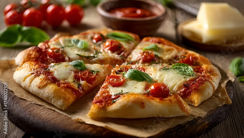 Wallpaper Mural Delicious freshly baked pizza topped with tomatoes, mozzarella, and basil on a wooden table. Torontodigital.ca