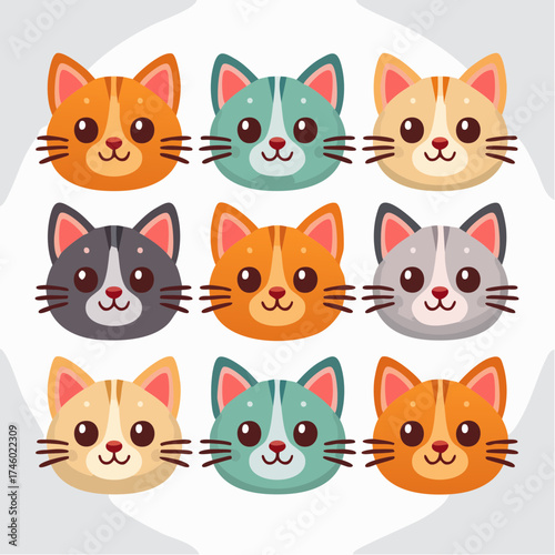 A grid of nine cartoon cat heads, each with a different color and pattern, on a white background.