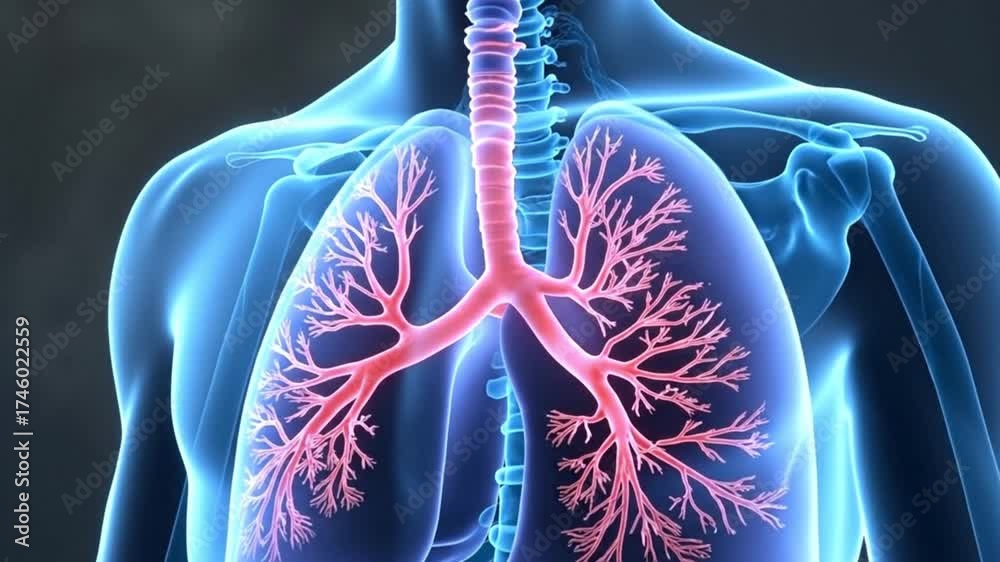 Anatomical illustration of the human respiratory system with lungs and ...
