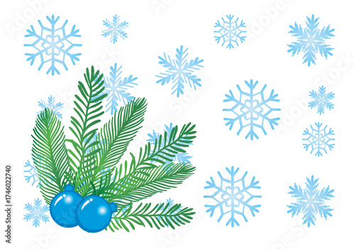 Blue Christmas balls with pine branches on a background of blue snowflakes. Transparent Background