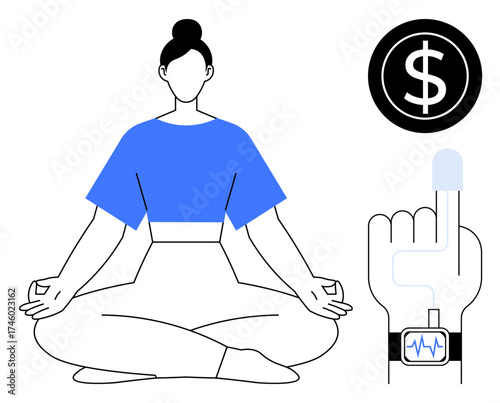 Woman meditating cross-legged, dollar sign, and pulse check on smartwatch. Ideal for wellness, mindfulness, healthcare, finance, stress management technology and self-care themes. Simple flat