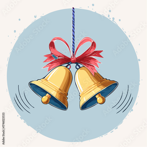 Festive golden Christmas bells with a red bow, ringing in celebration. A vintage-style hand-drawn vector illustration for the holiday season