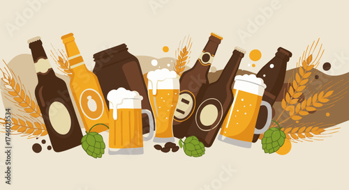 Artistic Beer Composition – Stylized Illustration of Bottles, Mugs, Hops, Barley, and Coffee Beans in Earthy Tones