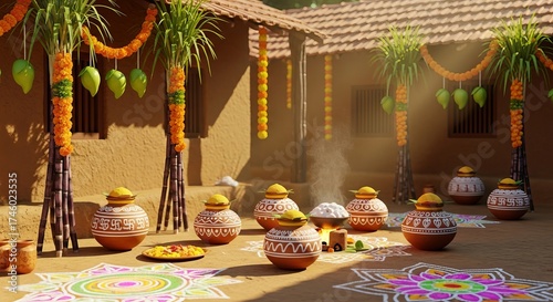 Traditional Village Festival with Colorful Decorations and Cooking Pots