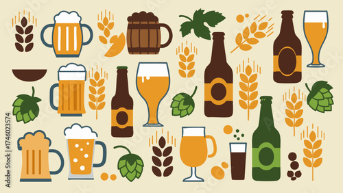 Beer Brewing Elements – Stylized Illustration of Glasses, Bottles, Barrels, Hops, and Wheat in Earthy Tones