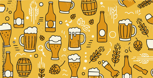 Seamless Beer Pattern – Frothy Glasses, Bottles, Barrels, Hops, and Wheat on Mustard Yellow Background