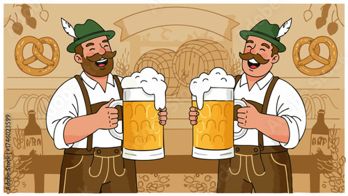 Oktoberfest Cheers – Bavarian Men Toasting Beer with Pretzels, Barrels, and Hops in Festive German Setting