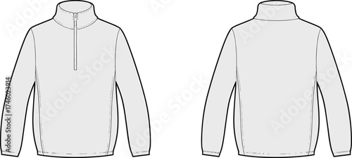 Long sleeve pullover technical fleece, front and back view half zip mock neck sweatshirt, unisex outdoor wear fashion flat sketch design.