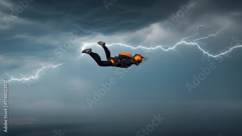 Skydiver Freefalling Through Stormy Skies with Lightning Strikes in Dramatic Scene