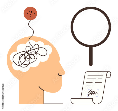 Abstract head with tangled thoughts, question marks, magnifying glass, and signed document. Ideal for problem-solving, critical thinking, analysis, mental clarity, decision-making research