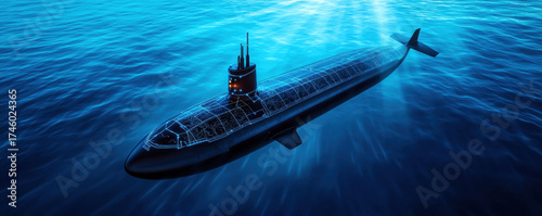 Panel kuchenny z motywem Futuristic submarine with digital interface mapping seafloor, advanced AI technology, underwater exploration, and glowing blue ocean light