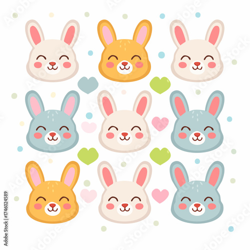A cheerful arrangement of nine cartoon bunny faces in pastel colors, interspersed with heart and polka dot accents on a white background.