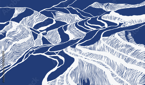 Abstract hand drawn brush lines rice terraces viewed from above. Japanese and ethnic folk block print, woodcut texture background. Minimalist indigo and white line art.
