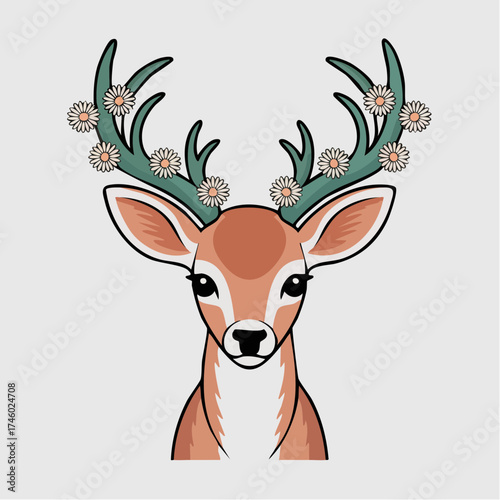 furtive flowerfair fawn with daisy antler braid terracotta mint black white whimsical retro woodland sticker nursery print vector for decor and stationery