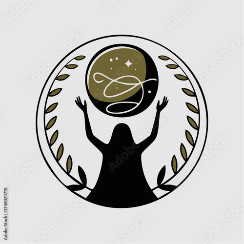 elysian druidess druidess levitating crystal orb vine sigils olive amber black white occult boho emblem poster sticker branding asset for lifestyle and editorial use