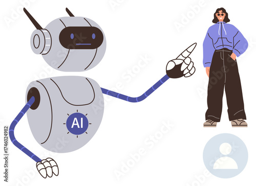 Robot pointing towards a person in casual attire, highlighting interaction between AI and humans. Ideal for AI technology, robotics, digital innovation, future concepts, teamwork, education