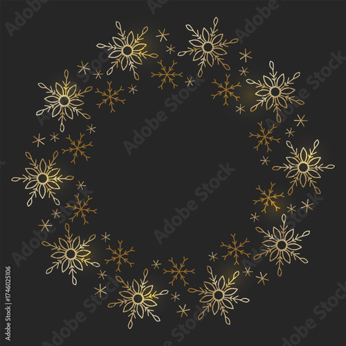 Elegant golden snowflake border on a dark background, featuring hand-drawn, glowing winter motifs with a luxury festive feel. Perfect for holiday cards, invitations, packaging, social media posts
