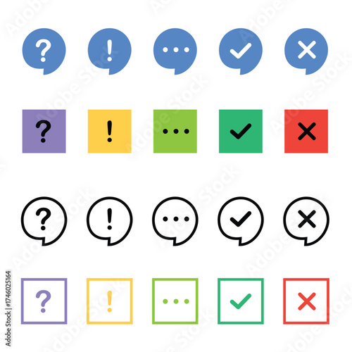 Icon set of check mark, information icon, chat, cross, question mark, exclamation point, FAQ sign. Tick, question, information and answers mark.