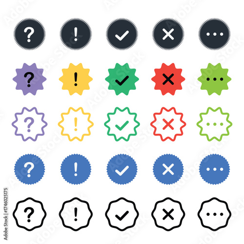 Icon set of check mark, information icon, chat, cross, question mark, exclamation point, FAQ sign. Tick, question, information and answers mark.