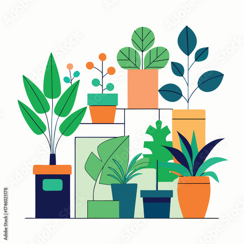 Collection of stylized potted houseplants in various geometric planters