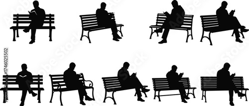 Man sitting on park bench silhouette, reading book, using smartphone, relaxing outdoors, leisure lifestyle concept, urban park illustration design
