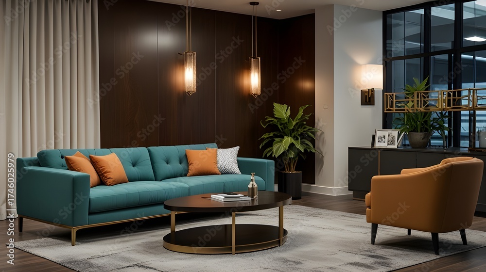 Fototapeta premium Stylish lounge area in an office with a comfortable sofa and coffee table 