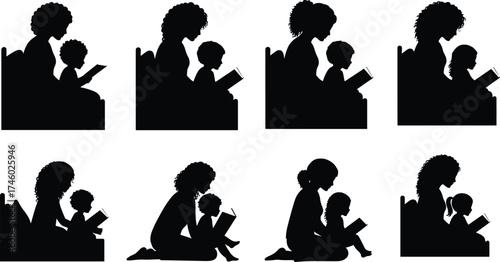 Mother reading book to child silhouette, family love, parent education concept, black and white illustration for learning, parenting, and care