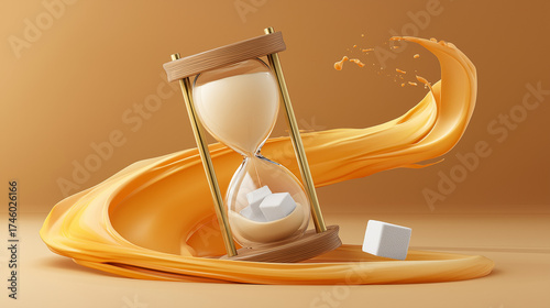 A broken hourglass with sugar cubes instead of sand, swept away by a golden breeze, symbolizing fleeting sweetness.