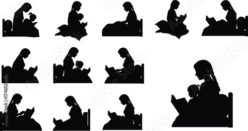 Mother reading book to child silhouette, family love, parenting education concept, bedtime story, black and white illustration for learning and care